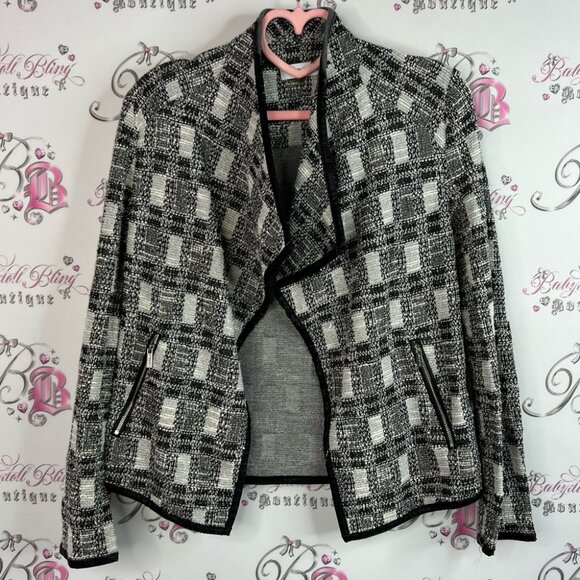 Calvin Klein blazer sweater cardigan tweed Black White Checkered sparkly - Picture 1 of 10